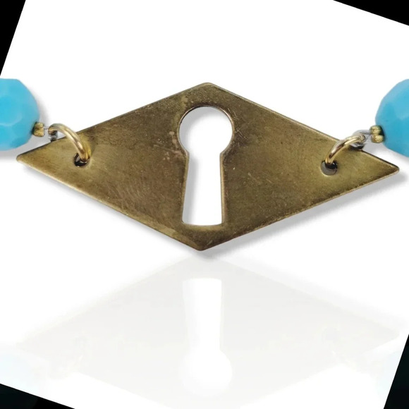 Artisan Keyhole Necklace  Opaque Glass Turquoise Beads Brass I Love U Ch… - Picture 8 of 11